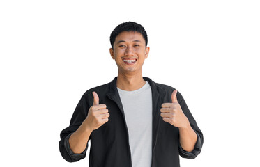 A young Asian man wearing black coat with a smile pointing thumbs up isolated on a white background. Well done. Agreement concept. Happy man