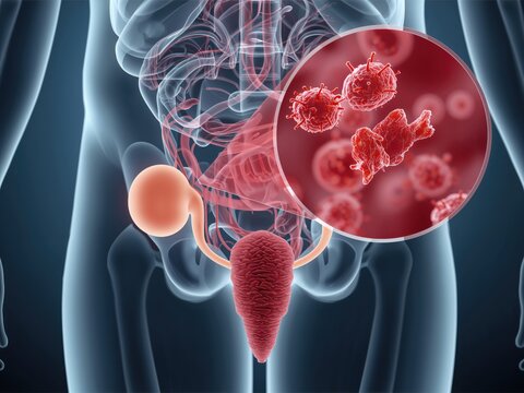 Medical background for sexual health awareness showing female pelvic girdle and stylized virus molecules in circle zoom. - Powered by Adobe