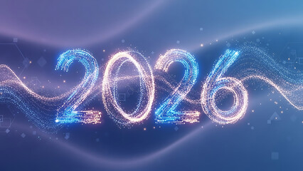 Glowing 2026 Year Numbers with Abstract Digital Wave and Particle Effects on Blue Background, Representing Technology, Progress, and New Beginnings
