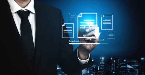 Visual representation of digital document downloading, showing file transfer, data access, and progress status for secure and efficient information retrieval Vouch