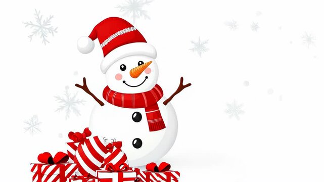 A snowman with a red hat and scarf with gifts, snowflakes, isolated on a white background. Christmas theme