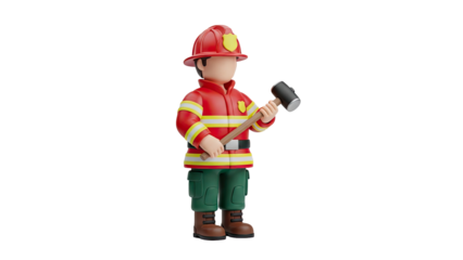 3D Cartoon Firefighter Holding a Mallet on transparent background