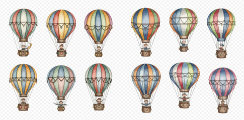 Set of colorful vintage hot air balloons with striped patterns and baskets, isolated on a transparent background. © studio