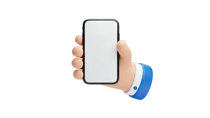 3D Cartoon Hand Holding a Smartphone with Blank Screen on transparent background