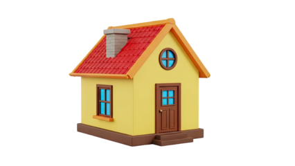 3D Cartoon house with red roof and yellow walls on transparent background