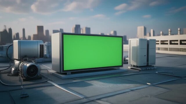 Green screen billboard on a city rooftop with air conditioning units and urban skyline in the background under a blue sky with clouds.