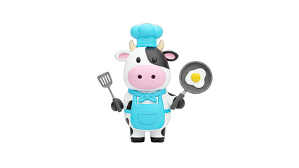 Fototapeta premium 3D Cute cartoon cow chef cooking fried egg on transparent background