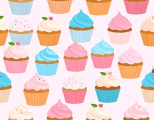 Delightful, colorful cupcakes in a repeating pattern on pink