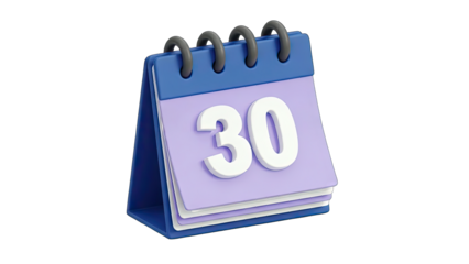3D Calendar with number 30 on transparent background