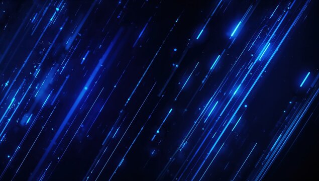 Concept of speed and motion in digital world visualized by glowing blue rays and particles in dark void. - Powered by Adobe