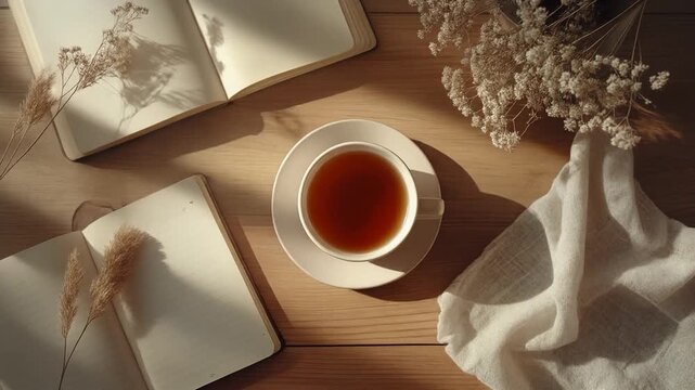 Overhead view of a cup of tea on a saucer surrounded by notebooks and dried flowers on a wooden table with warm lighting and shadows.