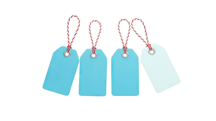 3D Four hanging gift tags with red and white twine on transparent background