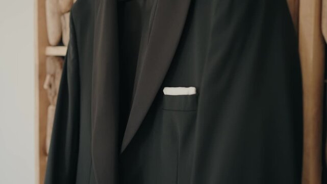 Close view of black suit jacket with folded pocket square