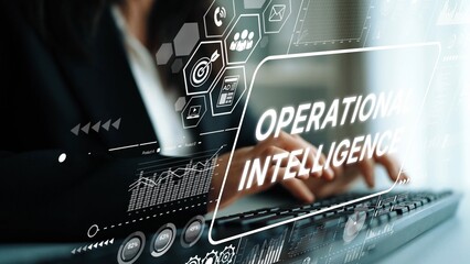 Businesswoman Using Laptop with Operational Intelligence Concept Overlaid on Screen for Data Analysis and Decision Making. Asymptotic smart data analytic.