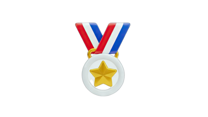 3D Gold star medal with red white and blue ribbon on transparent background