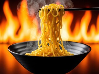 Steaming hot noodles being lifted out of a bowl
