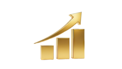 3D Golden 3D Bar Graph with Upward Arrow on transparent background