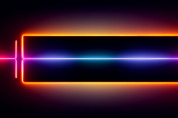 Neon battery bar of glowing energy, rectangular spectrum frame wrapped in orange and magenta light with a pulsing cyan core, symbolizing power storage, charge levels and digital vitality

