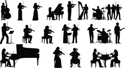 Vector silhouette collection of musicians playing instruments, featuring orchestra and jazz band performers with violin, piano, drums, guitar, and harp, isolated illustration set. © MstNur