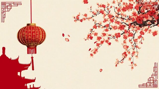 Traditional East Asian spring illustration: a vibrant lantern, blossoms, and classic architecture.