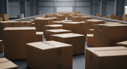 Cardboard boxes on conveyor belt system indoors, transporting brown packages efficiently in a warehouse setting viewed from the side.