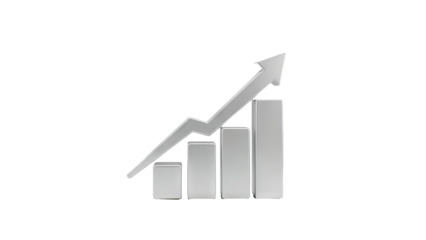 3D Silver 3D bar chart with an upward trending arrow on transparent background