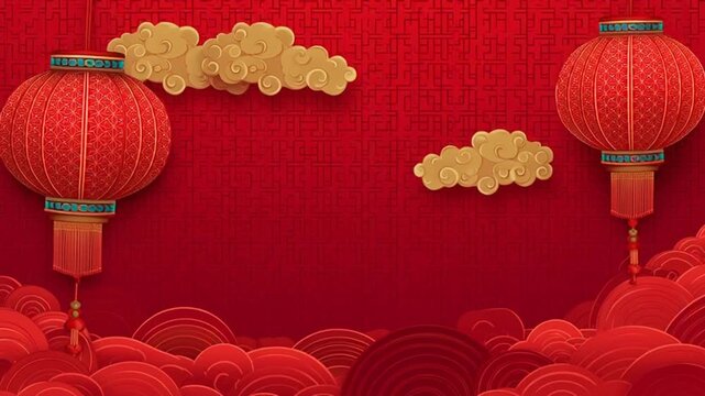 Vibrant red illustration featuring traditional festive lanterns and auspicious clouds on a decorative background, symbolizing celebration.