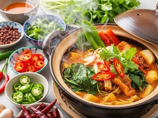 Delicious spicy soup with fresh vegetables and herbs