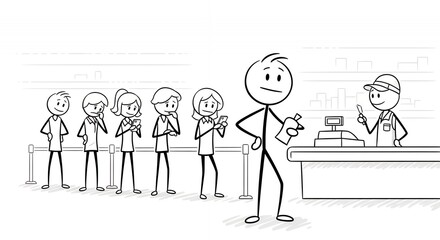 Animated Stickman Standing in Line Buying Beverages at Store in White Background