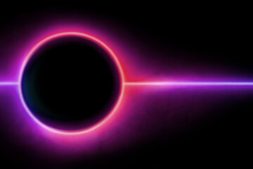 Obraz premium Neon Eclipse Horizon: Luminous Pink and Violet Ring Encircles a Void Black Sun, Pierced by a Single Electric Line Extending Into the Infinite Futuristic Cosmic Night