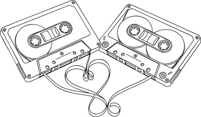 Retro Cassette Tape Drawing with Magnetic Tape Forming a Heart Shape