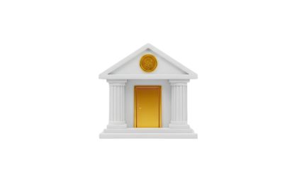 3D Bank Building Icon with Dollar Sign and Golden Door on transparent background