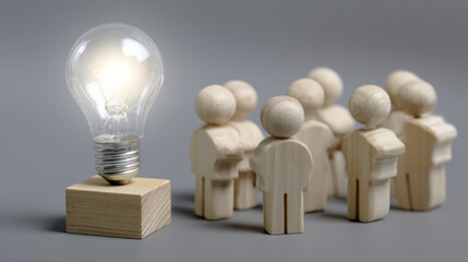 Business teamwork idea light bulb leadership creativity concept with wooden figure group on gray background