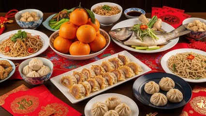 Traditional chinese new year feast with dumplings and noodles