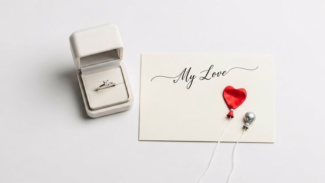 Minimalist diamond engagement ring in an elegant white box with love letter and charming heart balloons