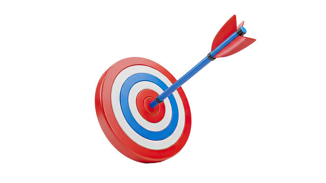 3D Arrow hitting the bullseye on a target on transparent background