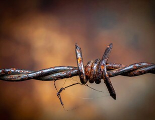 Close-up of weathered, rusty barbed wire against a blurred background