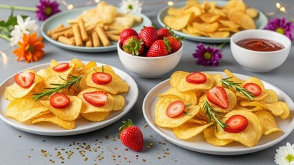 Delicious potato chips with strawberry and rosemary garnish
