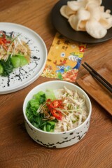 Delicious asian style chicken noodle soup with garnish