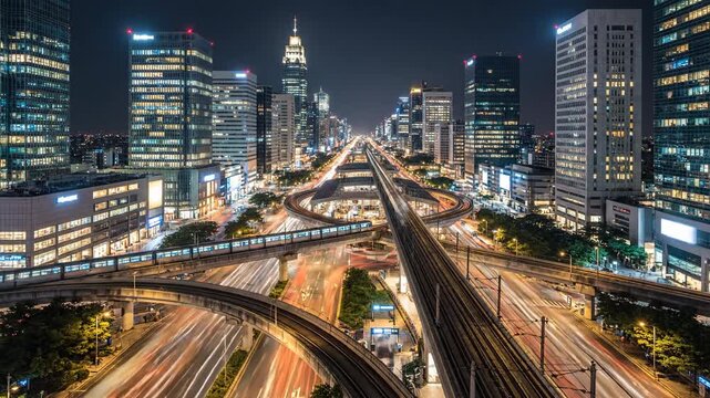 Aerial nighttime view of a bustling cityscape with a complex highway interchange and skyscrapers in the background, conveying a vibrant urban mood with warm, golden lighting.