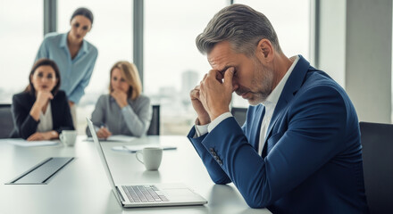 A stressed businessman rubs his temples in a modern meeting with colleagues nearby in the office background