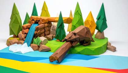 Low Poly Beaver in a Papercraft Forest Scene.