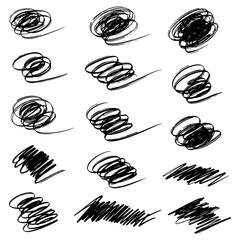 Set of hand drawn black messy scribble and doodle brush strokes isolated on white background