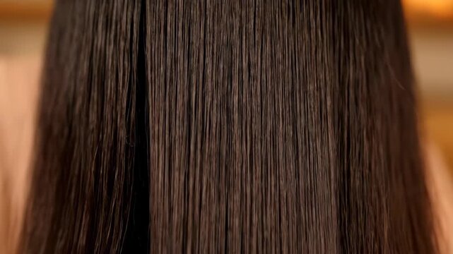 Close-up image captures a hand holding a brush. Dark hair is being brushed with the tool in the frame