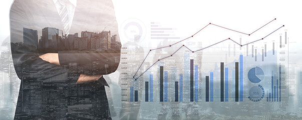 A confident business professional stands before a city skyline, surrounded by financial graphs that illustrate growth, representing success in today corporate environment. Scalp