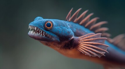 Vibrant blue and orange marine creature with sharp teeth and spiky fins detailed close up portrait in its natural underwater habitat