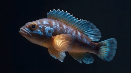Fototapeta premium A detailed studio portrait of a colorful aquatic fish with blue and gold accents swimming in darkness