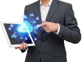 Businessman using tablet with cloud icons isolated on transparent background