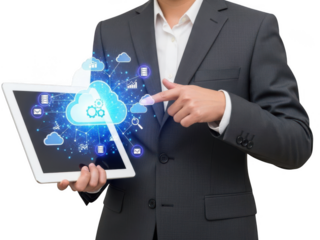 Businessman using tablet with cloud icons isolated on transparent background