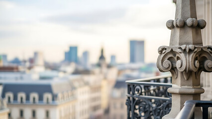 Ornate balcony pillar and decorative railing offer a captivating perspective of a vibrant city skyline, blending historic European architecture with modern urban landscapes under clear daylight